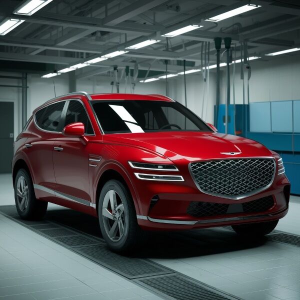Red Genesis GV70 SUV in body shop red Genesis-Genesis Certified Collision Repair